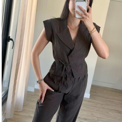 Koyu kahve belden bağlamalı kadın bluz pantolon takım