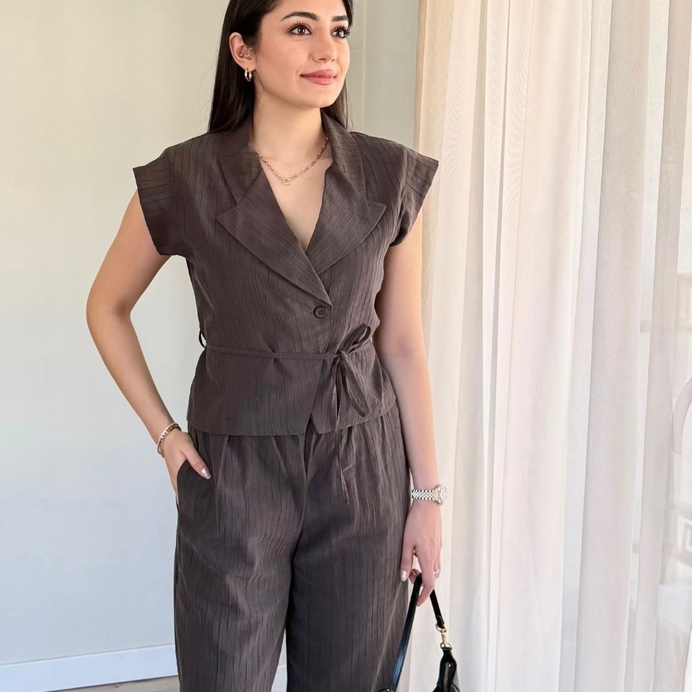 Koyu kahve belden bağlamalı kadın bluz pantolon takım