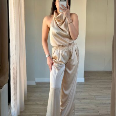 Degaje yaka bluz pantolon saten takım