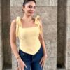 Sarı renk kare yaka sırt fermuarlı bustiyer modeli