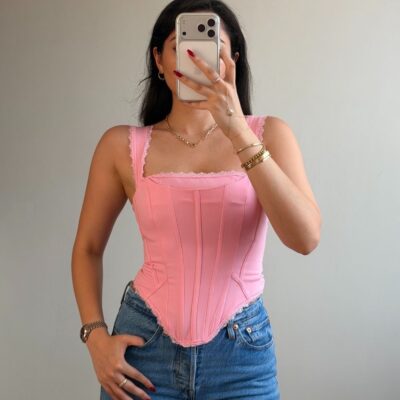 Pembe dantel detaylı korse büstiyer ön görünüm
