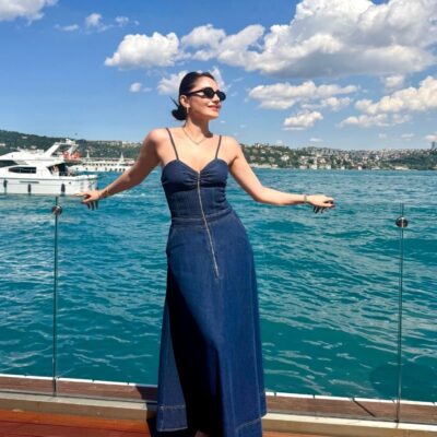 Önden fermuarlı lacivert jean elbise